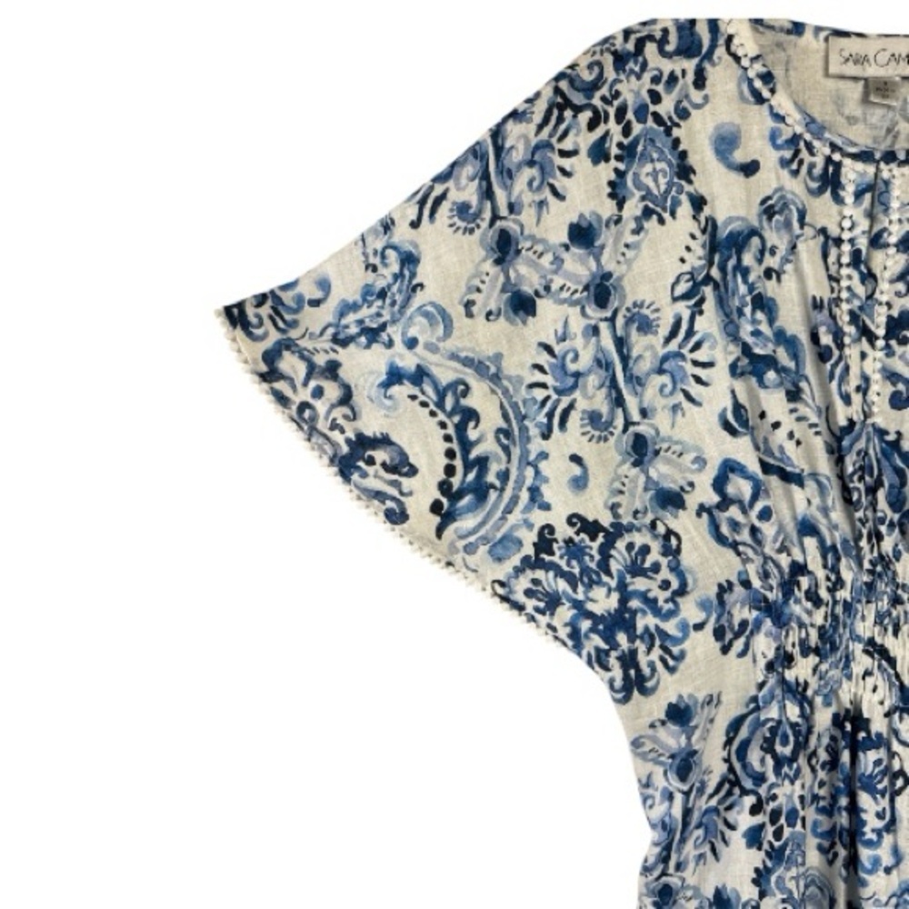Sara Campbell Blue White Linen Kaftan Dress | Small | Coastal Resort - Picture 4 of 14